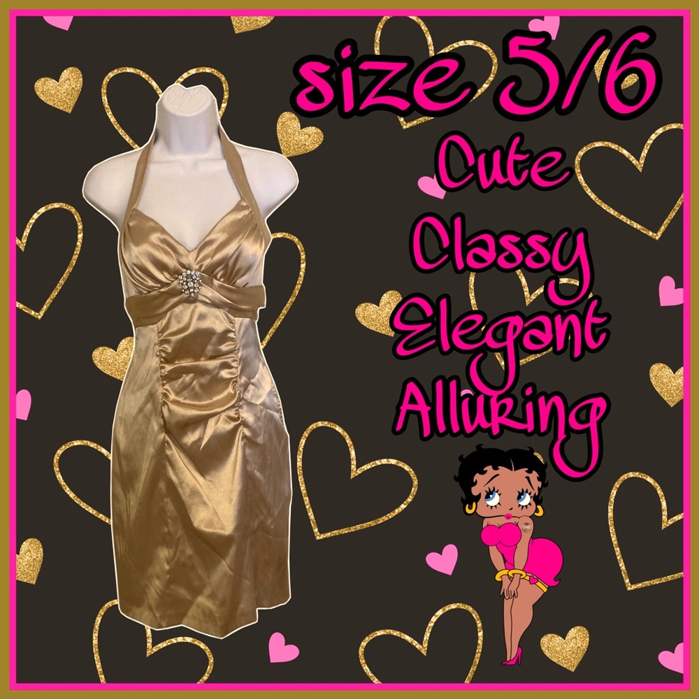 semi formal gold silky embellished halter MINI DRESS size 5/6